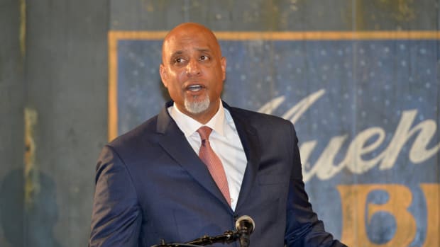 Jun 21, 2017; Kansas City, MO, USA; Major League Baseball Player Association executive director Tony Clark speaks during a presentation at the Negro Leagues Baseball Museum. Mandatory Credit: Denny Medley-USA TODAY Sports